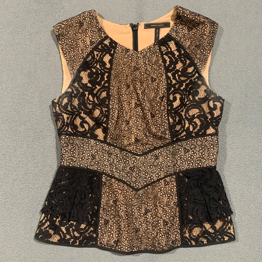 BCBGMAXAZRIA Lace Peplum Top Women Size M Black Nude Sleeveless Evening Cocktail